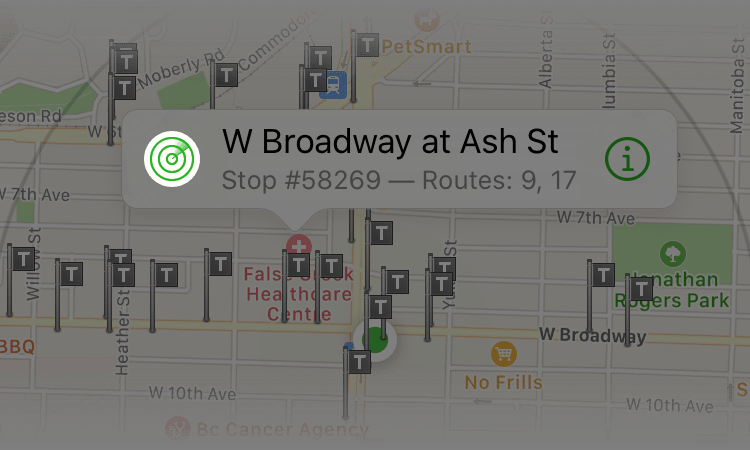 Image showing nearby stops and the Radar button on iOS